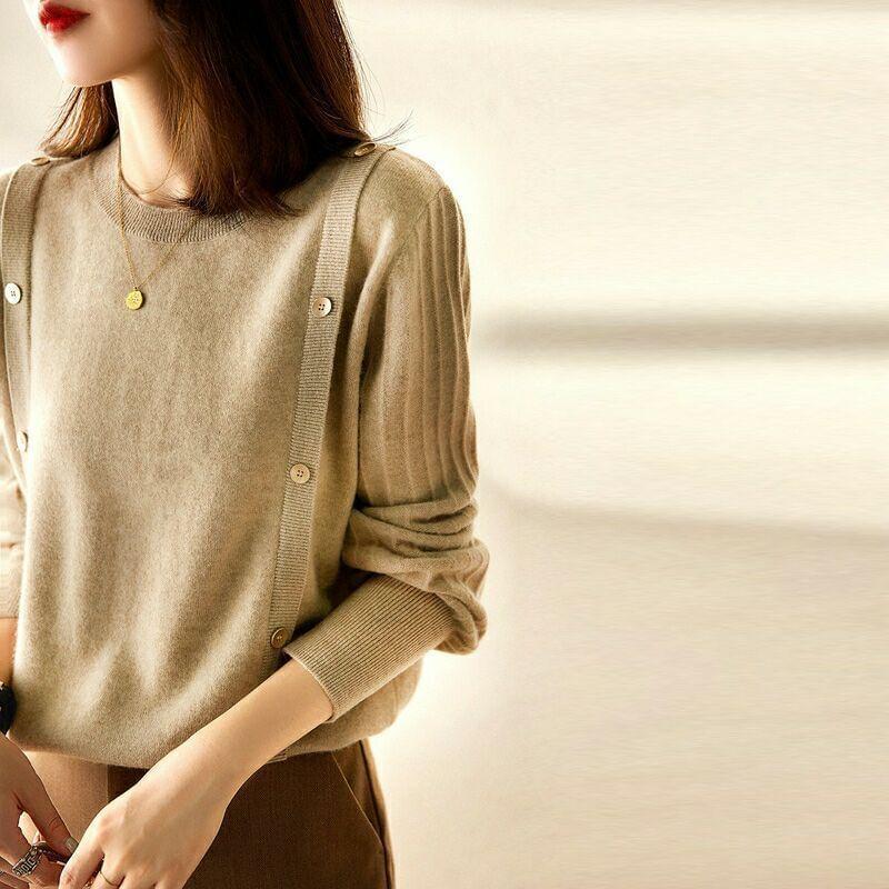 Crew Neck Plain Button Sweater Product Image