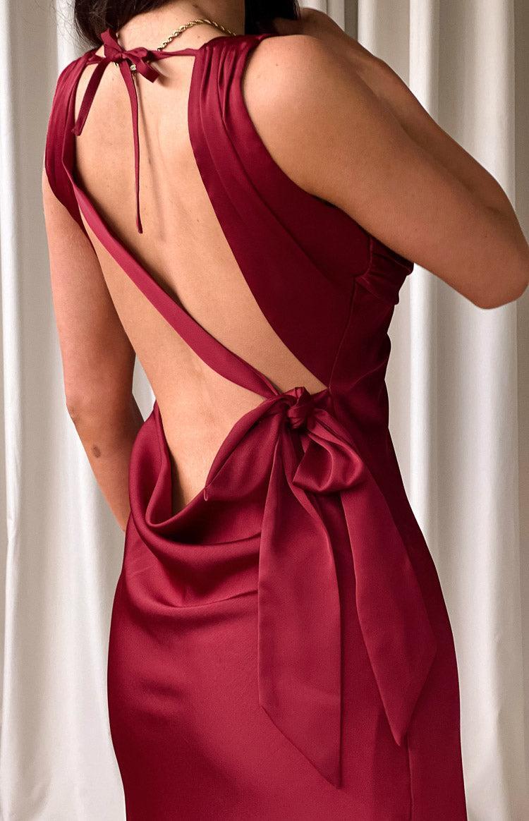 Laria Wine Satin Formal Maxi Dress Product Image