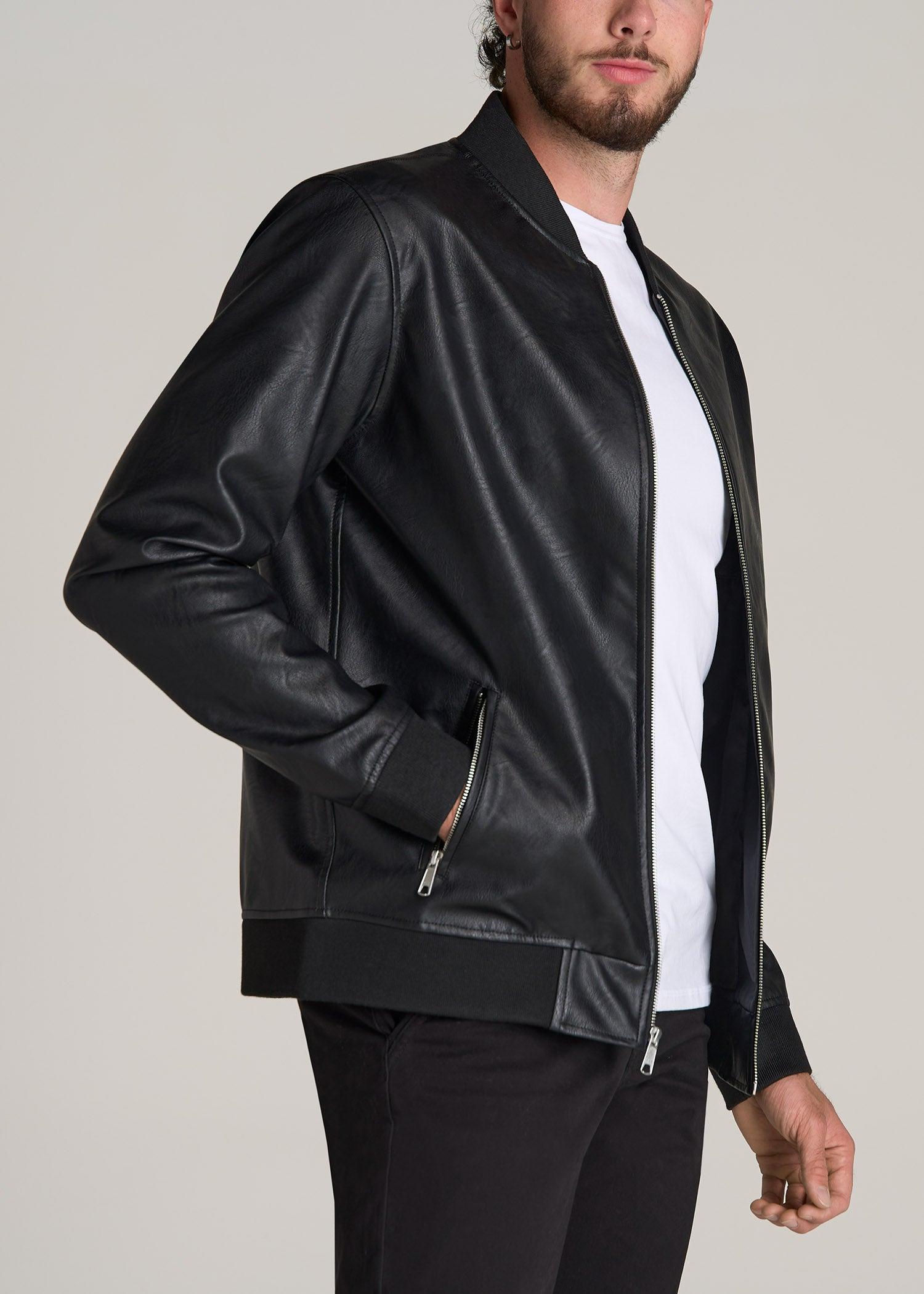 Faux Leather Bomber Jacket for Tall Men in Black Male Product Image