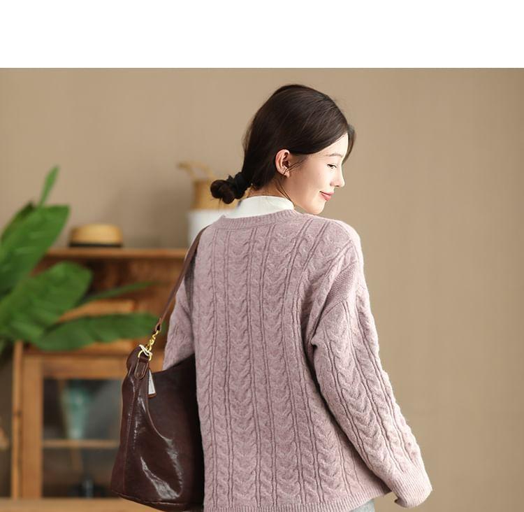 Crew Neck Plain Cable-Knit Sweater Product Image