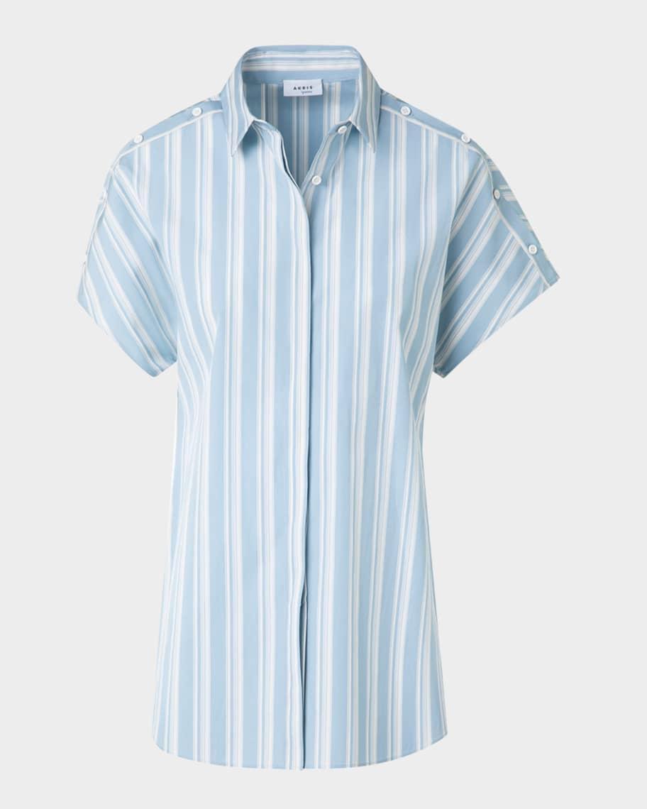 Striped Poplin Short-Sleeve Button-Shoulder Blouse product image