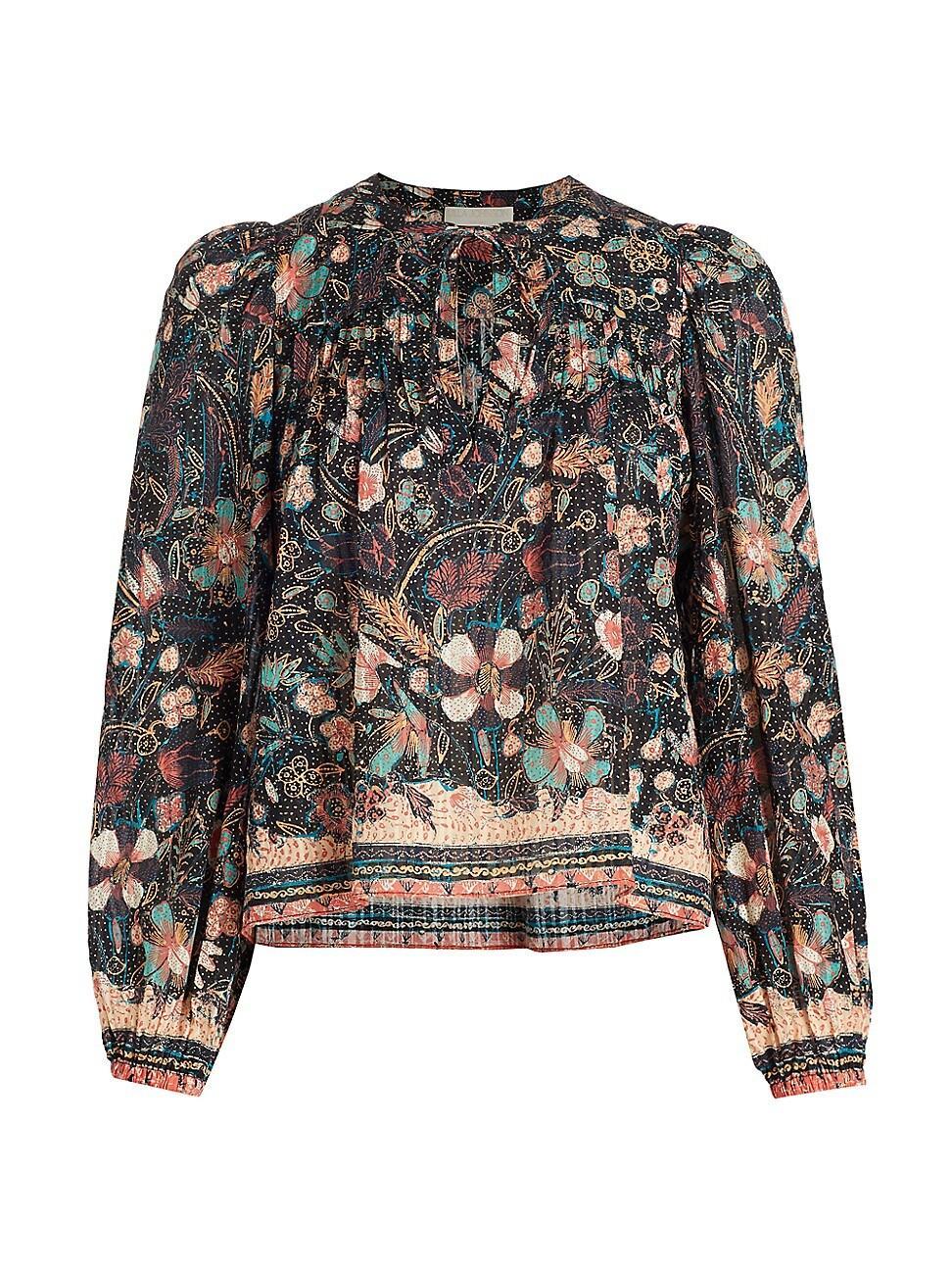 Andi Floral-Print Pintuck Keyhole Blouse Product Image