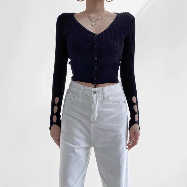 V-Neck Plain Ribbed Crop Cardigan Product Image