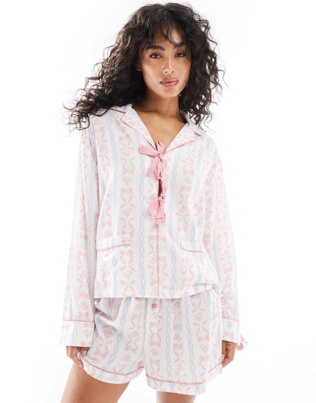 ASOS DESIGN tie front pajama shirt and short set in bow print Product Image