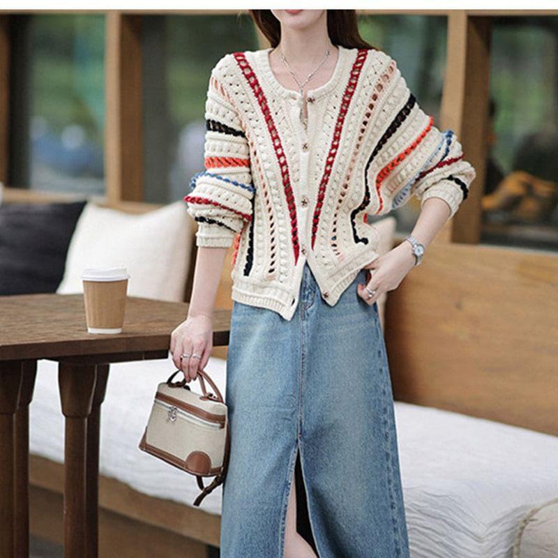 Crew Neck Striped Pointelle Knit Sweater / Cardigan Product Image