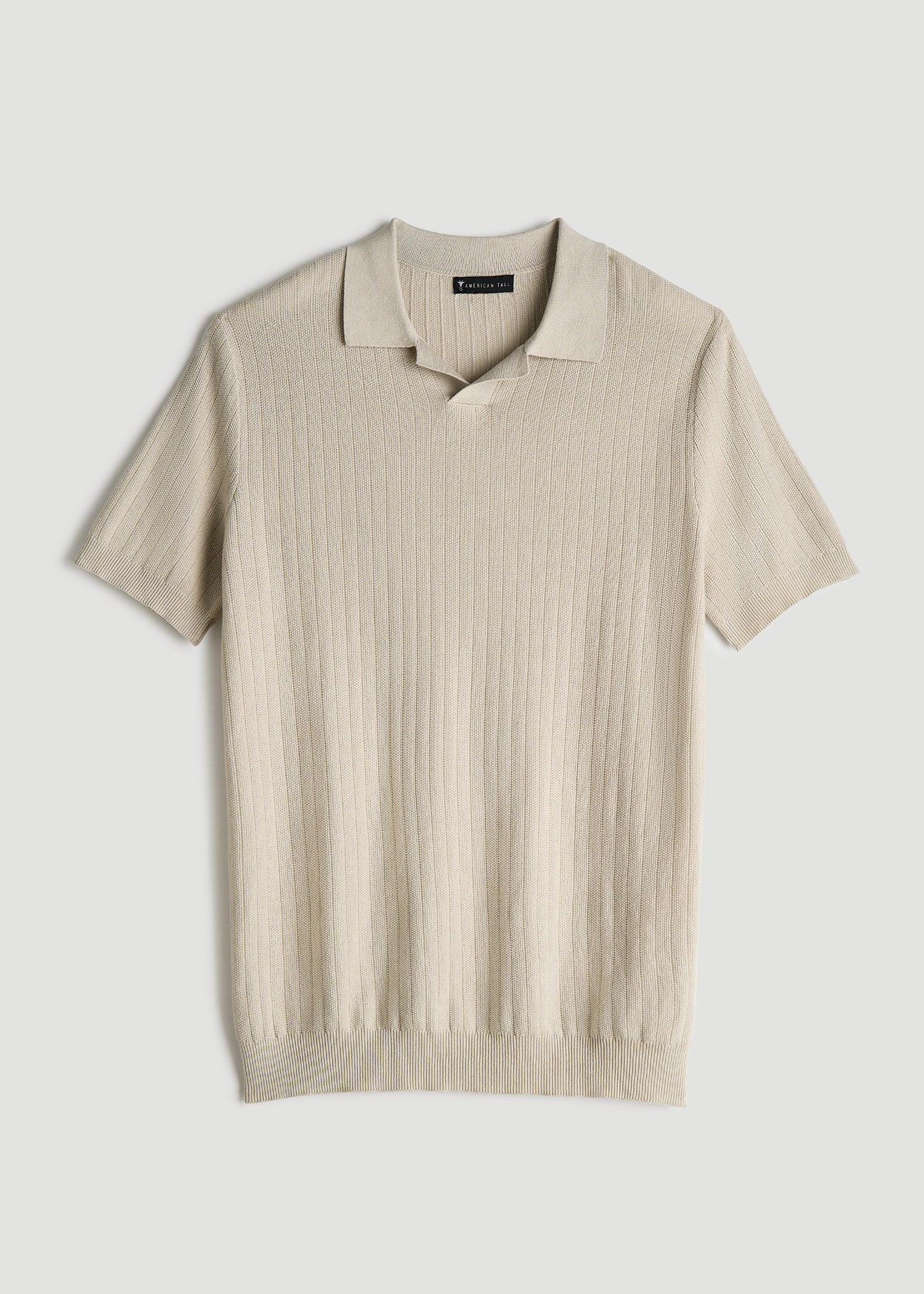 Linen Blend Ribbed Knit Polo Shirt for Tall Men in Stone Male Product Image