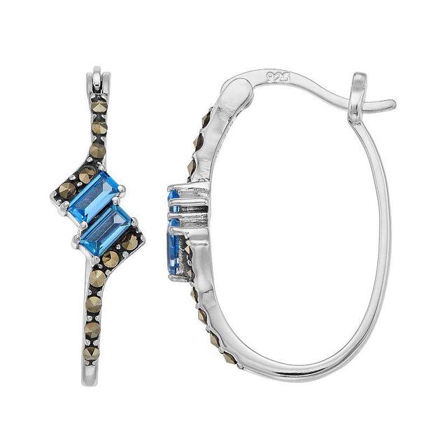 Tori Hill Sterling Silver Marcasite & Blue Glass Oval Hoop Drop Earrings, Womens Product Image