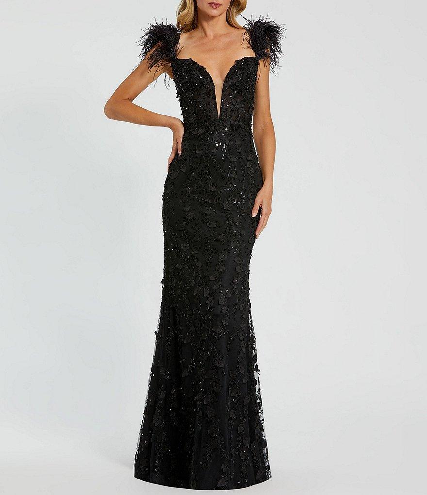 Mac Duggal Sweetheart Neck Sleeveless Spaghetti Strap Feather Trim Sheer Applique Bustier Mermaid Gown Product Image