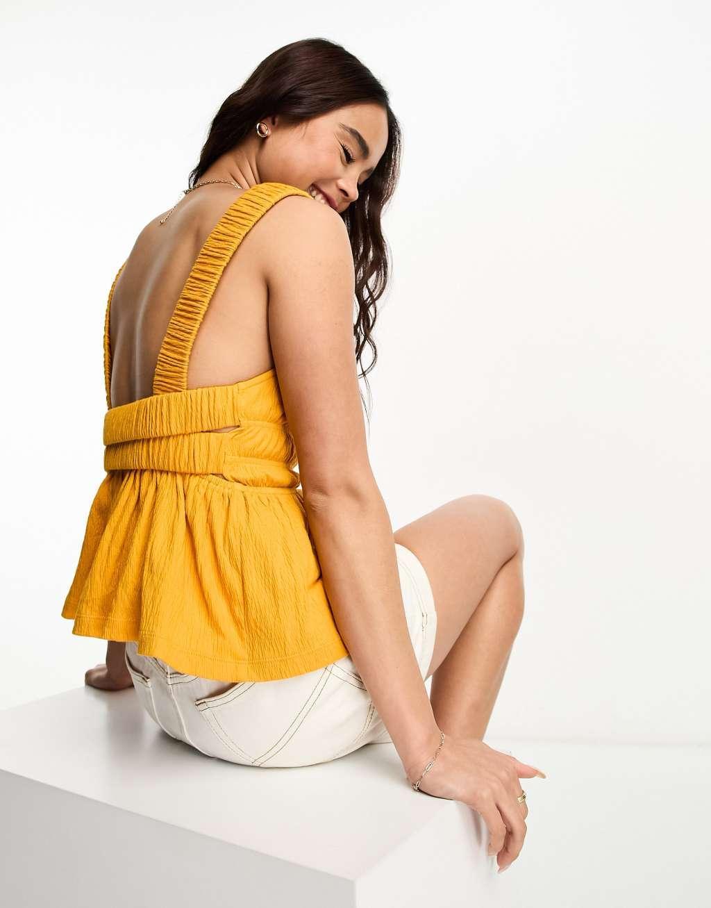 ASOS DESIGN elastic back sleeveless milkmaid top in mustard Product Image