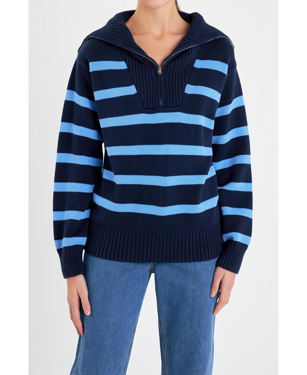 English Factory Womens Striped Knit Zip Pullover Sweater - Navy Product Image