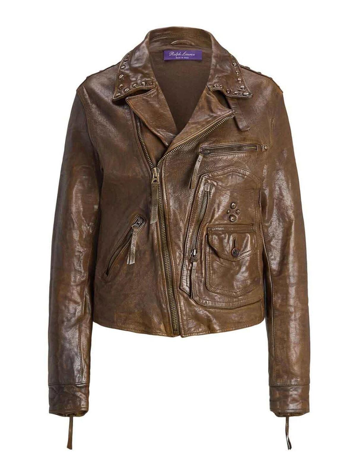 POLO RALPH LAUREN Andrea Distressed Leather Jacket In Beige Product Image