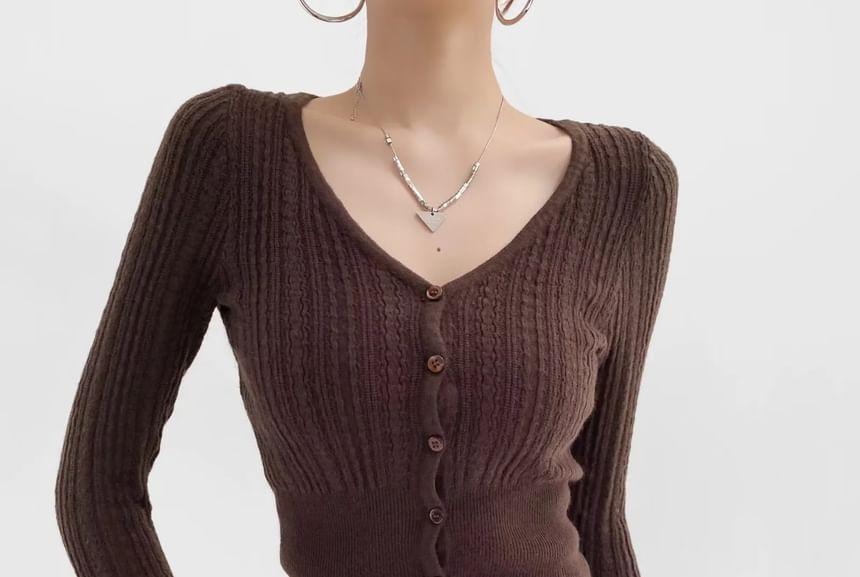 V-Neck Plain Ribbed Crop Cardigan Product Image