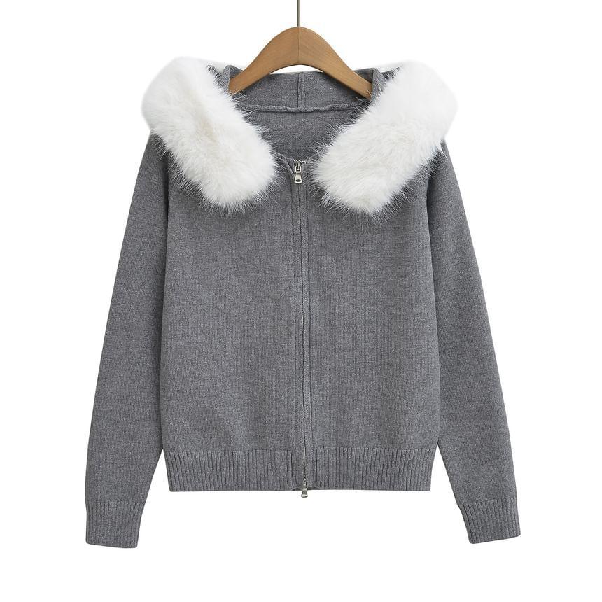 Hood Fluffy Trim Zip Cardigan Product Image