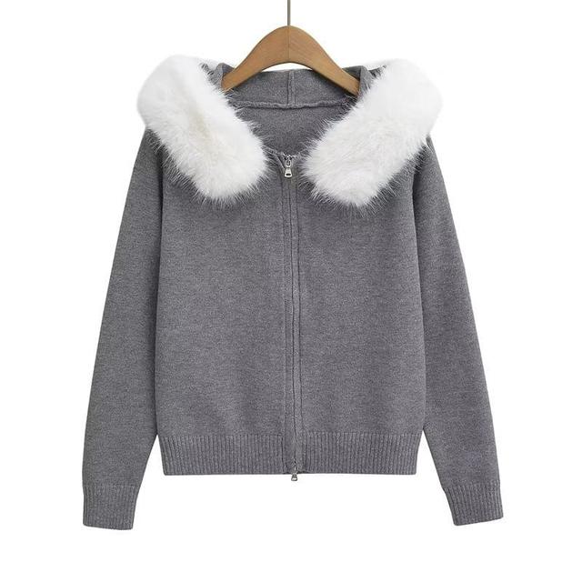 Plain Fluffy Trim Hood Zip Cardigan Product Image