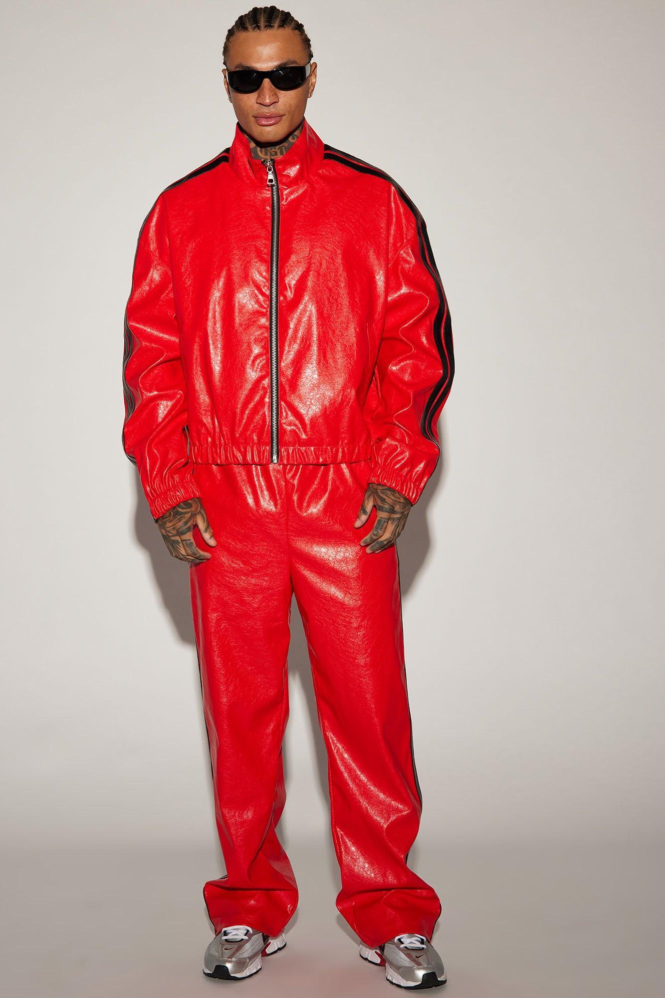 Baker Faux Leather Track Jacket - Red/combo Product Image