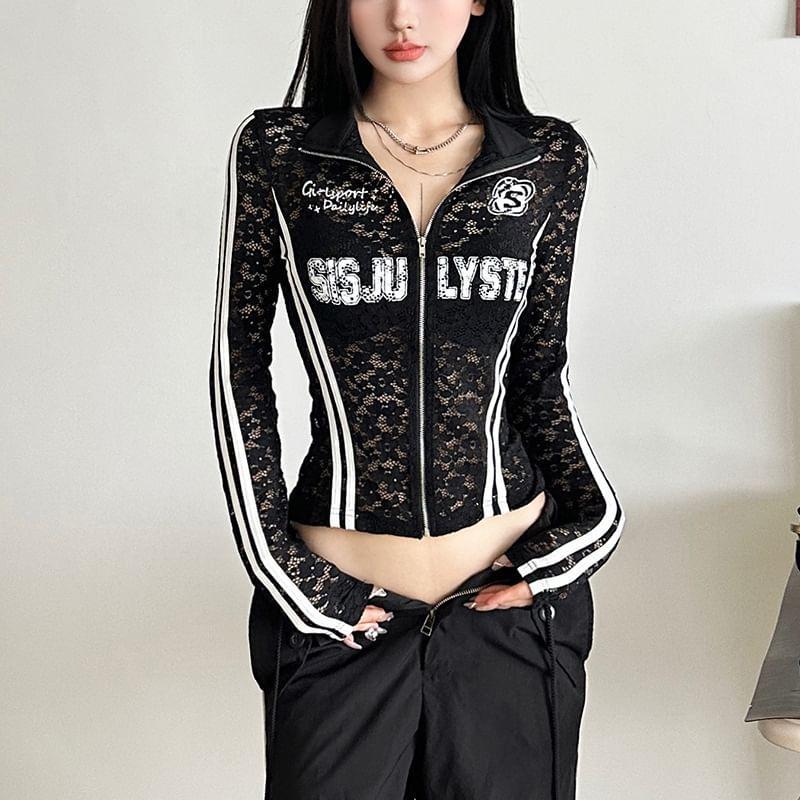 Stand Collar Lettering Print Striped Lace Zip Jacket Product Image