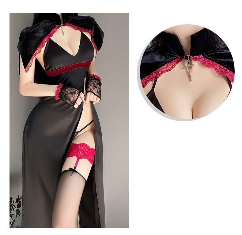 Set: Halter Two Tone Slit Midi Nightdress + Lace Trim Capelet + G-String + Fingerless Gloves Product Image