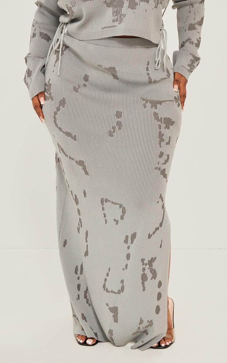 Plus Grey Rib Knit Distressed Detailing Maxi Skirt Product Image