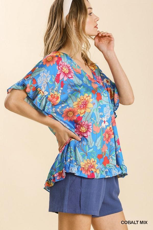 Susanne Satin Floral Print V-Neck Ruffle Hem Top - Reg & Plus! Product Image