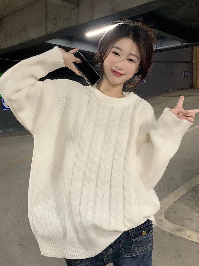 Round Neck Cable-Knit Sweater Product Image