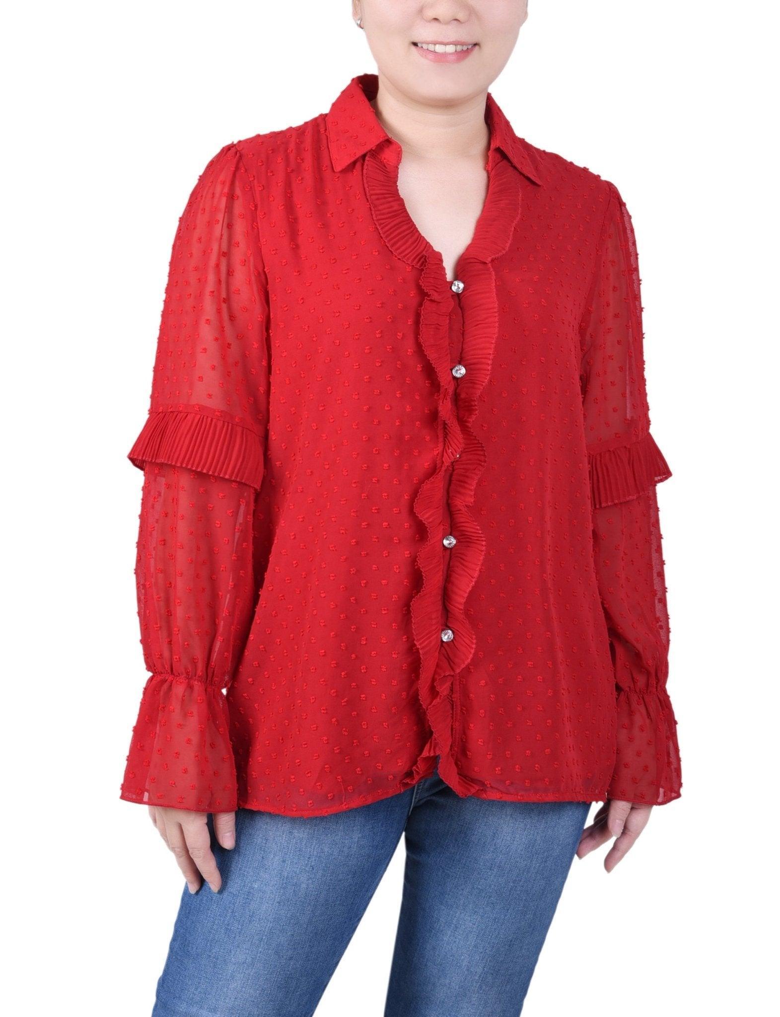 Long Sleeve Dotted Chiffon Blouse - Petite Product Image