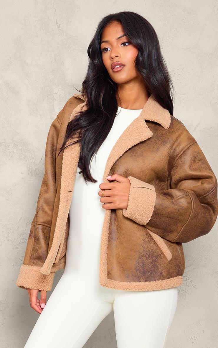 Tall Brown Distressed Look Faux Leather Borg Lined Aviator Jacket Product Image