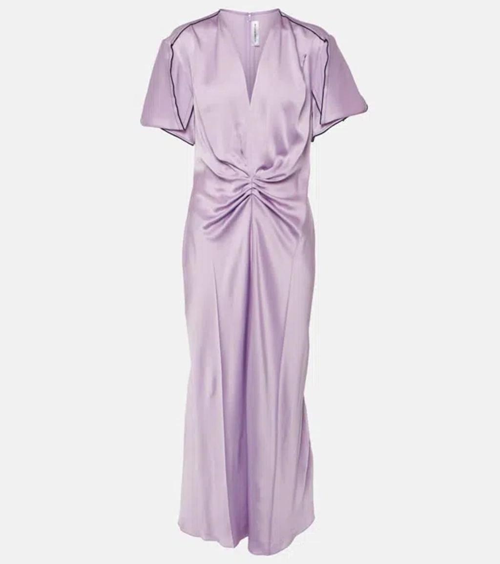 Gathered Satin Midi Dress In Purple Product Image