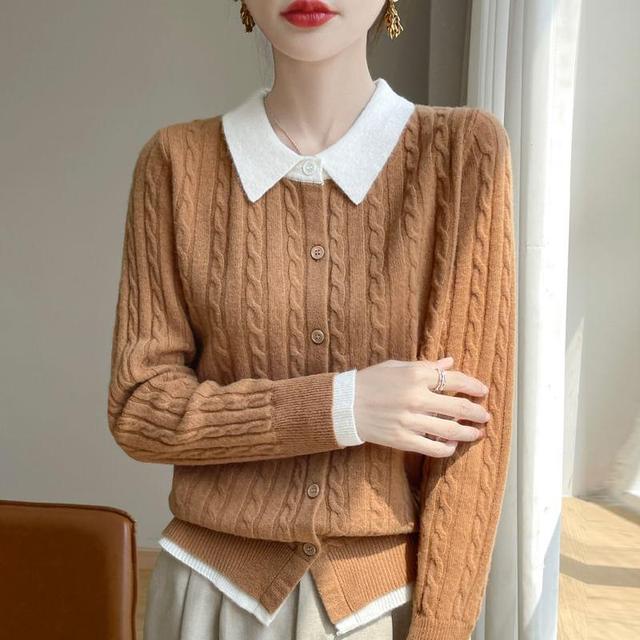 Mock Two-Piece Collared Cable Knit Cardigan Product Image