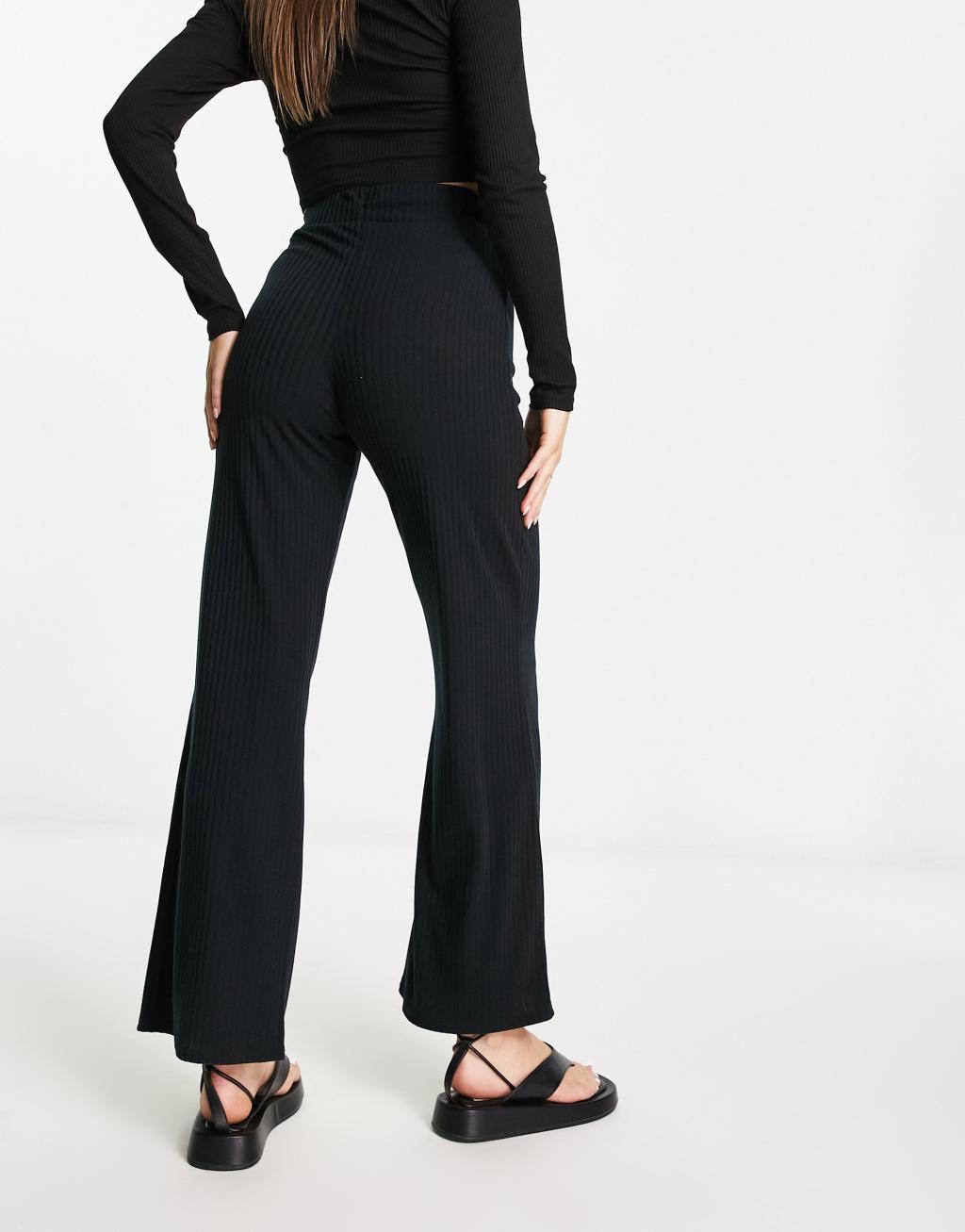 Miss Selfridge ribbed wide leg pants in black  Product Image