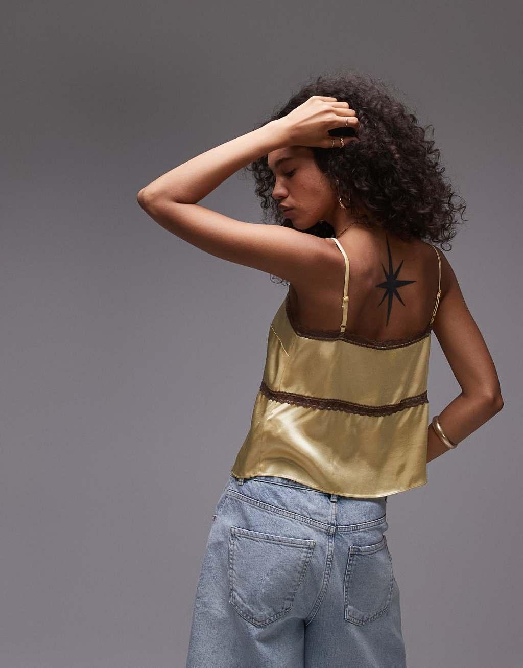 Topshop satin cami top in yellow with brown lace Product Image