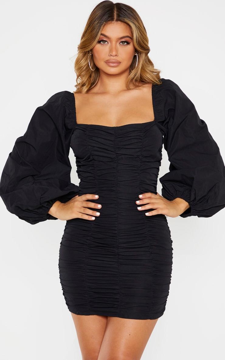 Black Balloon Sleeve Ruched Bodycon Dress Product Image