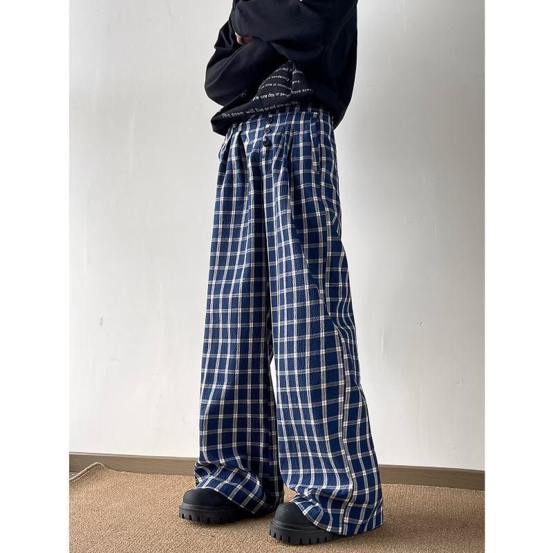 Mid Rise Plaid Wide Leg Pants Product Image