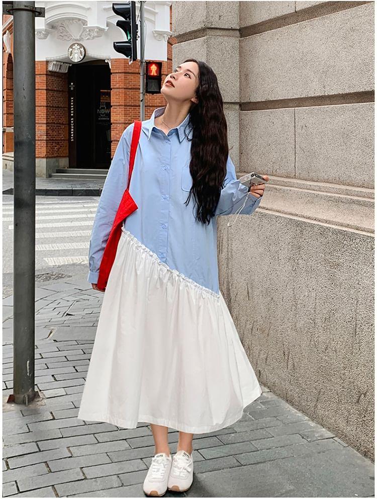 Long-Sleeve Two Tone Asymmetrical Frill Trim Half-Buttoned Midi Tunic Shirt Dress Product Image