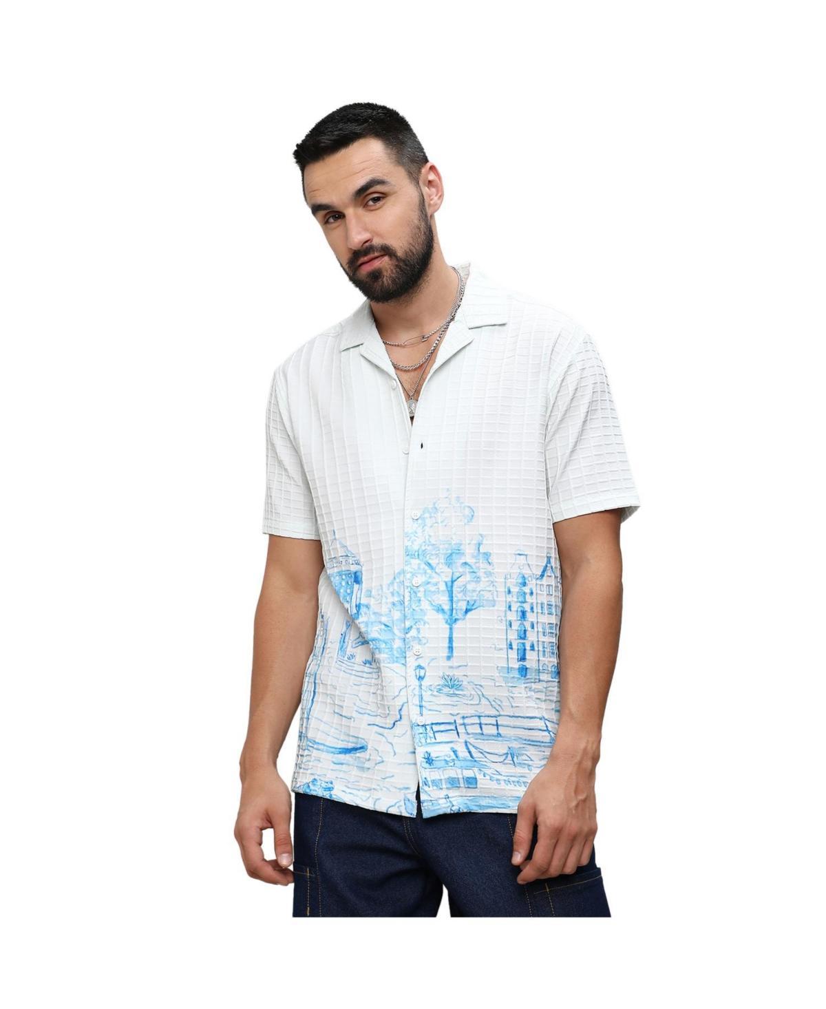 Campus Sutra Mens Chalk White:Azure Blue Landscape Strokes Shirt Product Image