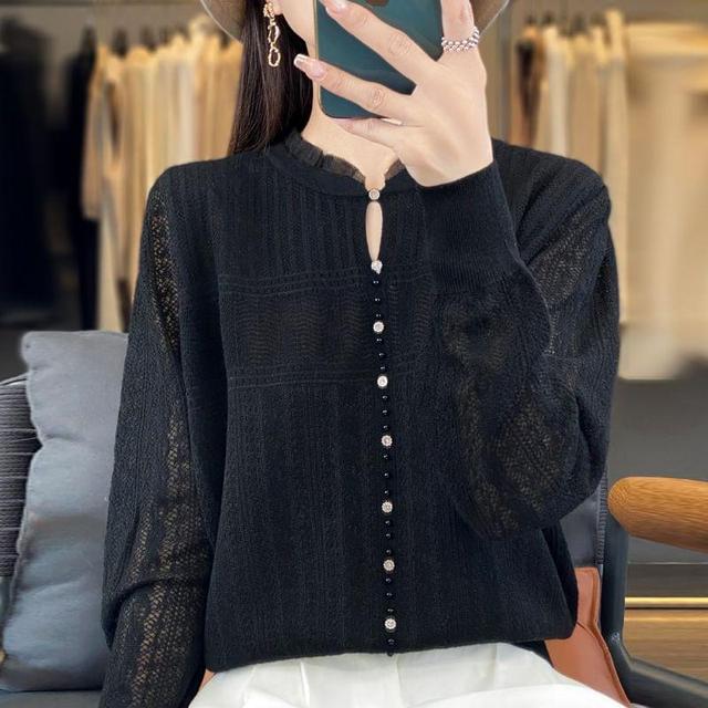 Long Sleeve Frill Collar Plain Beaded Keyhole Knit Top Product Image