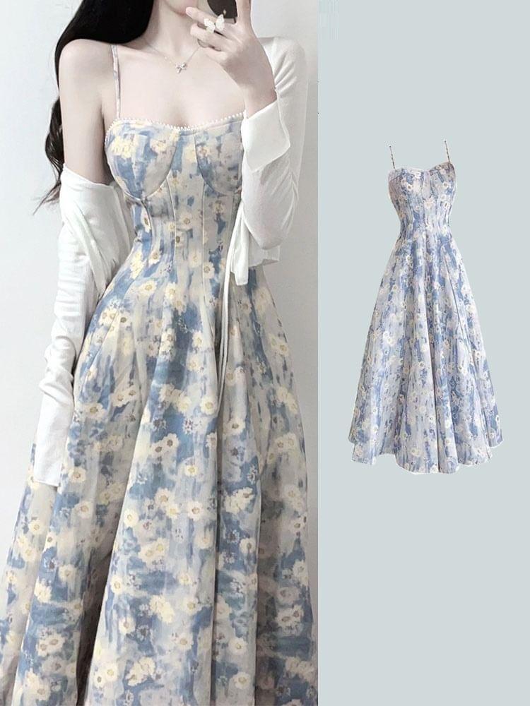 Spaghetti Strap Floral Print Midi A-Line Dress / Cardigan / Set Product Image