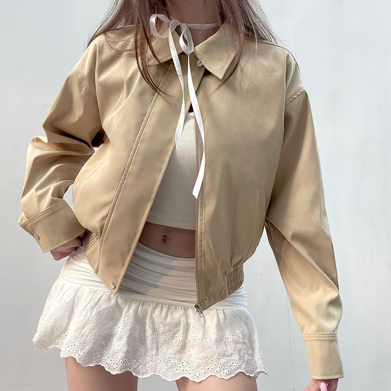 Collared Plain Zip Up Cropped Jacket Product Image