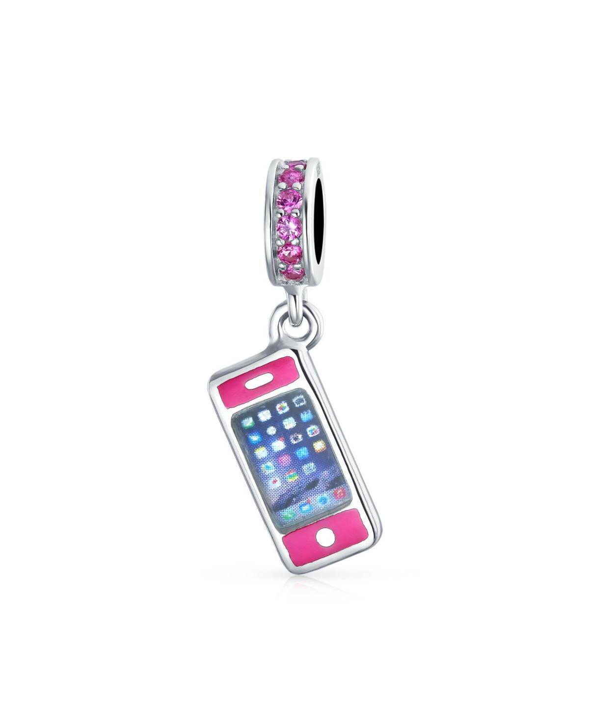 Bling Jewelry Pink Cellular Cell Mobile Smart Phone Dangle Charm Bead For Women Enamel .925 Sterling Silver Fits European Bracelet Product Image