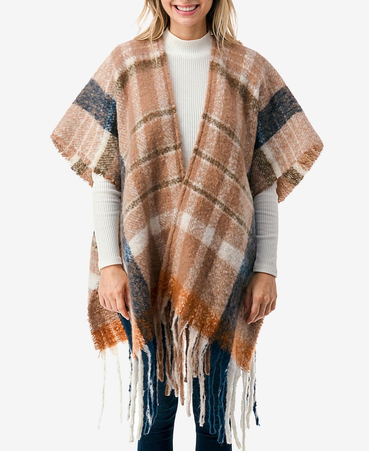 Marcus Adler Womens Plaid Poncho with Fringe Detail Product Image