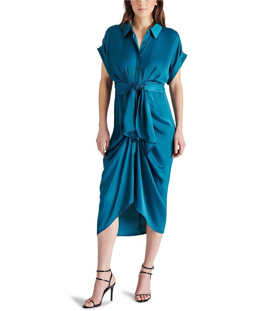 Steve Madden Tori Satin Point Collar Short Kimono Cuff Sleeve Belted Ruched Front Asymmetrical Hem Midi Shirt Dress Product Image