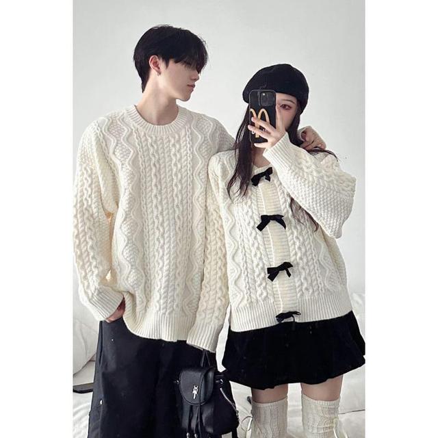 Couple Matching Round Neck Plain Cable Knit Sweater / Bow Cardigan Product Image