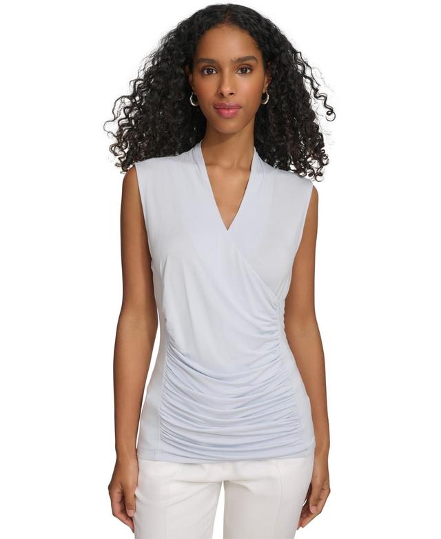 Calvin Klein Womens Solid Ruched-Front V-Neck Sleeveless Blouse Product Image