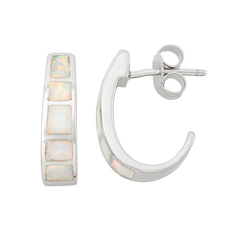 Lab-Created Opal Sterling Silver J-Hoop Earrings, Womens, White Product Image