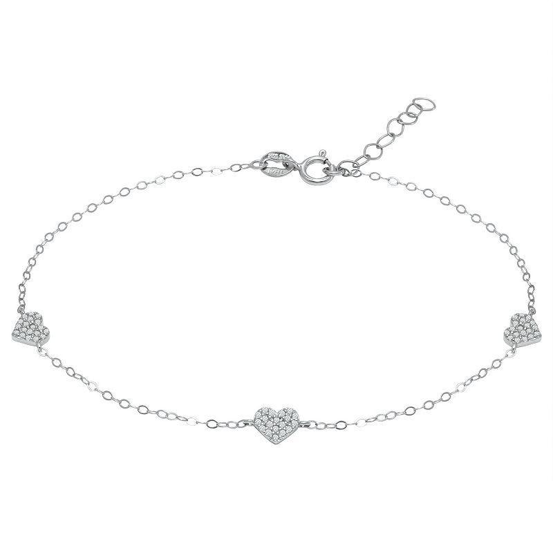 Aleure Precioso Sterling Silver Cubic Zirconia Heart Station Anklet, Womens White Product Image