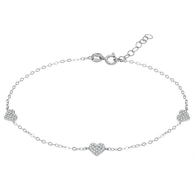 Cubic Zirconia Pave 3 Heart Station Ankle Bracelet or 18K Gold-Plated Sterling Silver - Sterling Silver Product Image