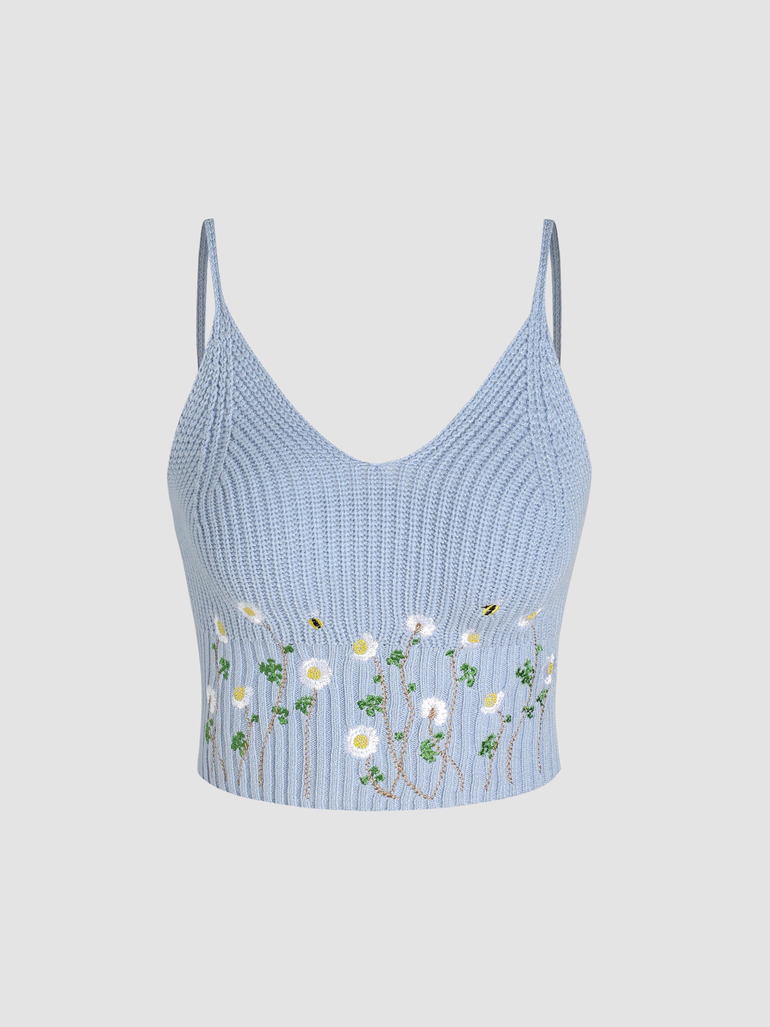 Knit Floral Scoop Neckline Crop Tank Top Product Image