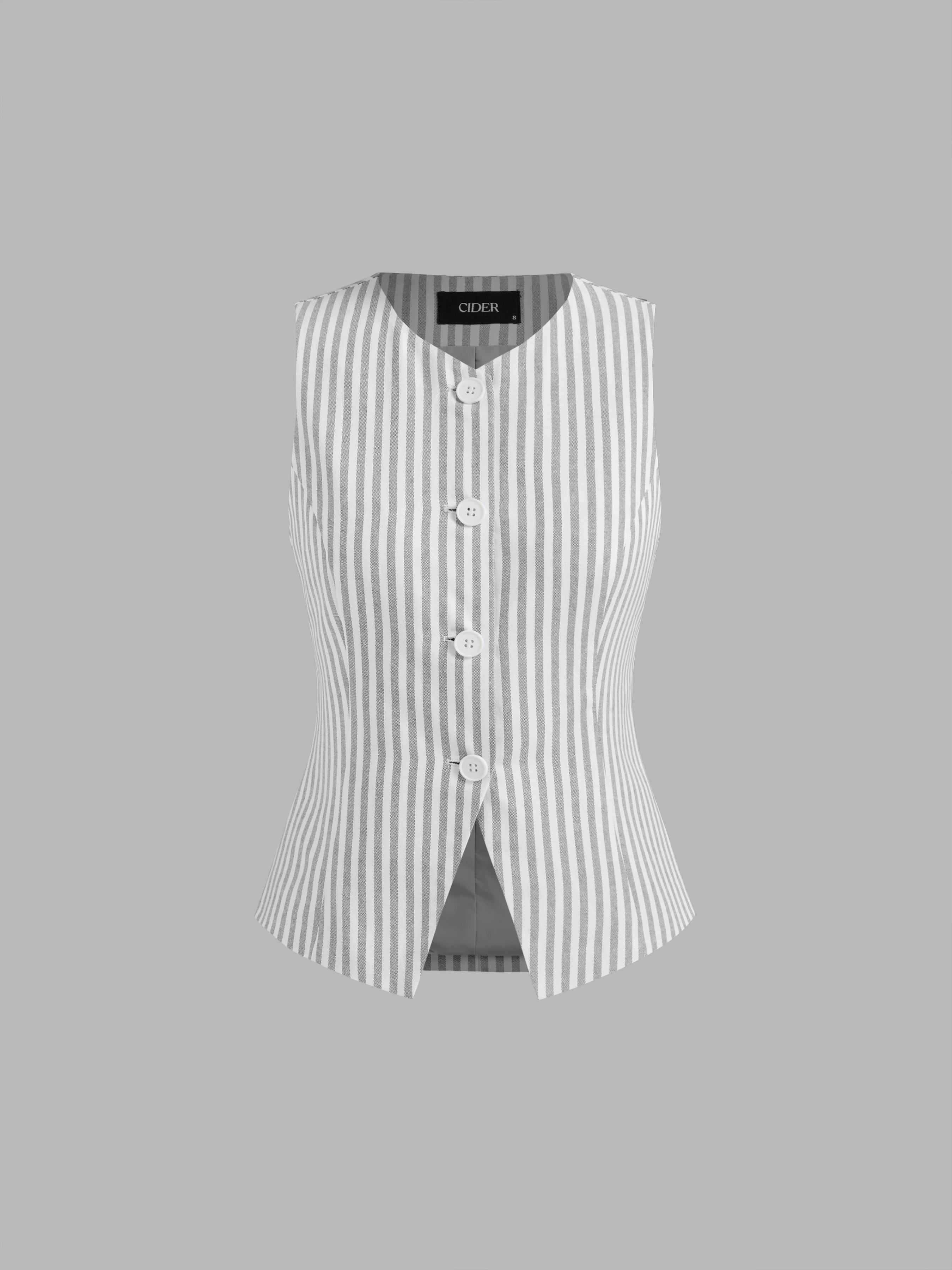 Cotton-blend V-neck Striped Button Blazer Vest Product Image