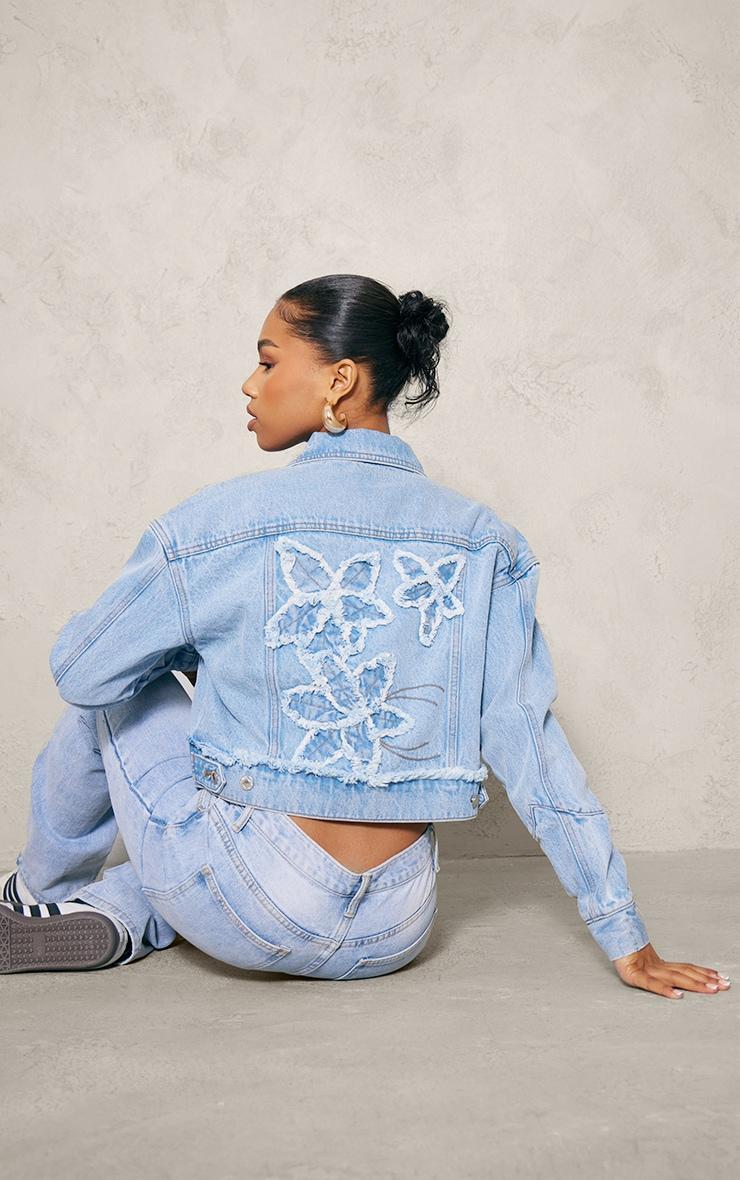 Light Blue Wash Distressed Flower Detail Denim Jacket product image