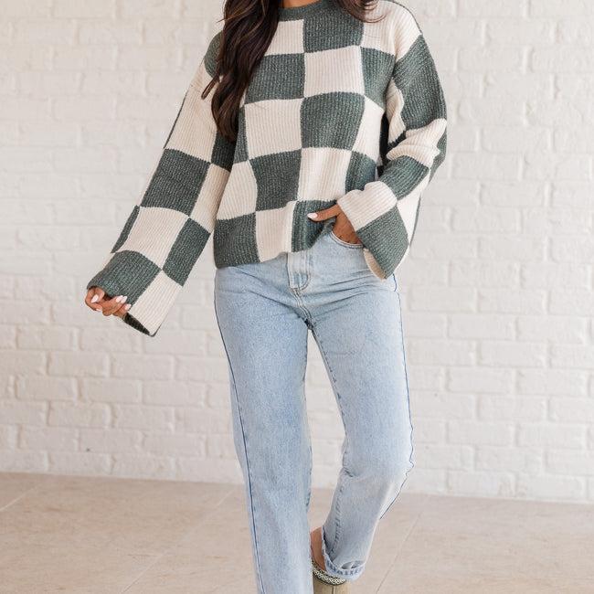 Best Behavior Green Checkered Crew Neck Sweater Product Image