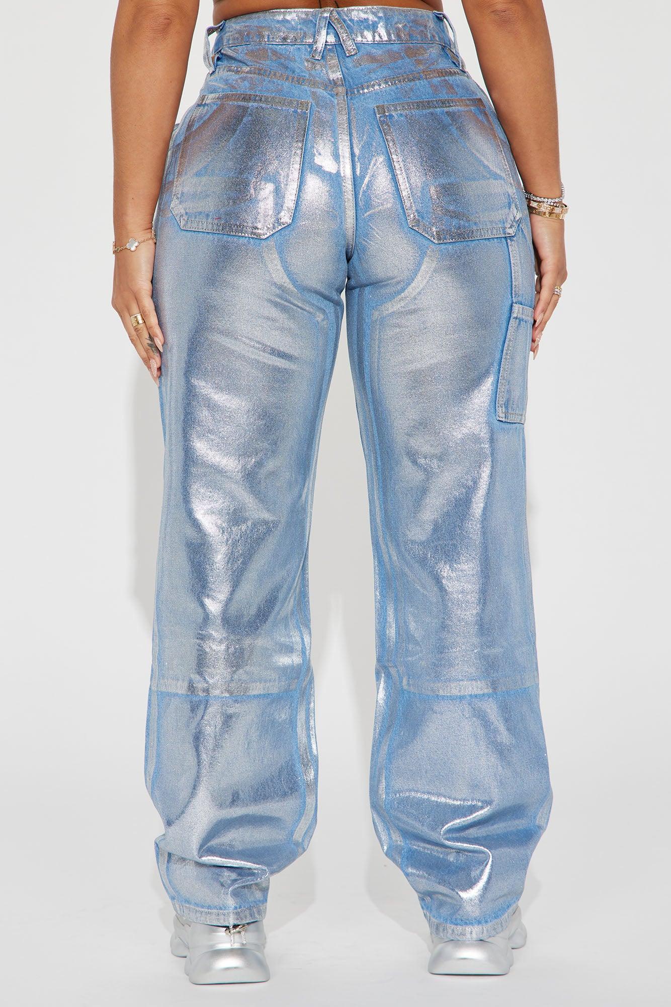 Big Time Magic Metallic Coated Straight Leg Jeans - Light Wash Product Image